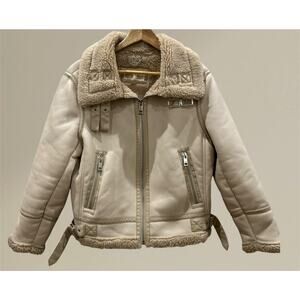 Michael Kors Womens Large Faux Leather Shearling Cream Tan Sherpa Moto Jacket